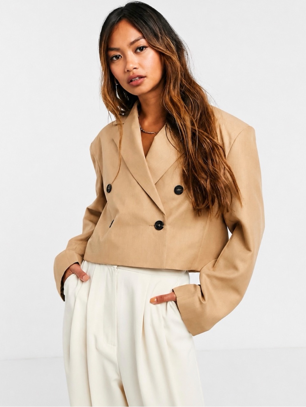 ASOS X TOPSHOP Linen Blend Cropped Strong Shoulder Blazer Camel Tan Suit 14 NWOT